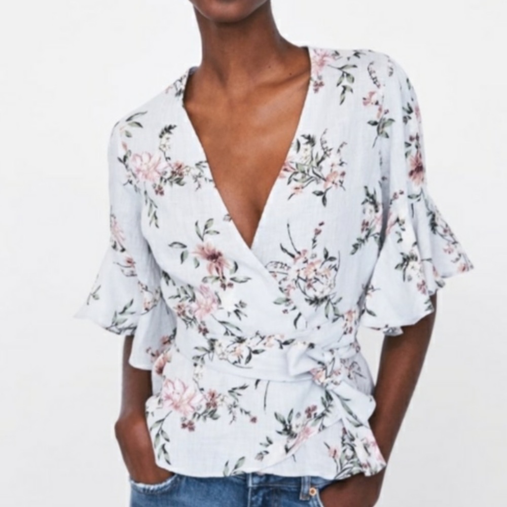 Zara blue floral linen top